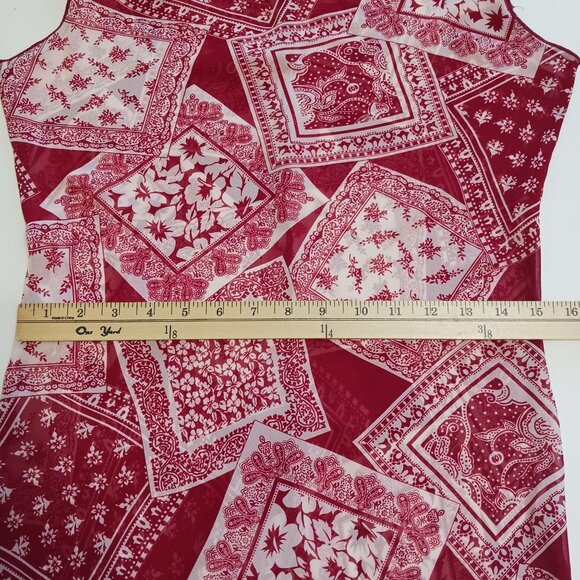 RAVE Y2K Red White Bandana Print Asymmetrical Hem Sheer Top - Picture 12 of 12